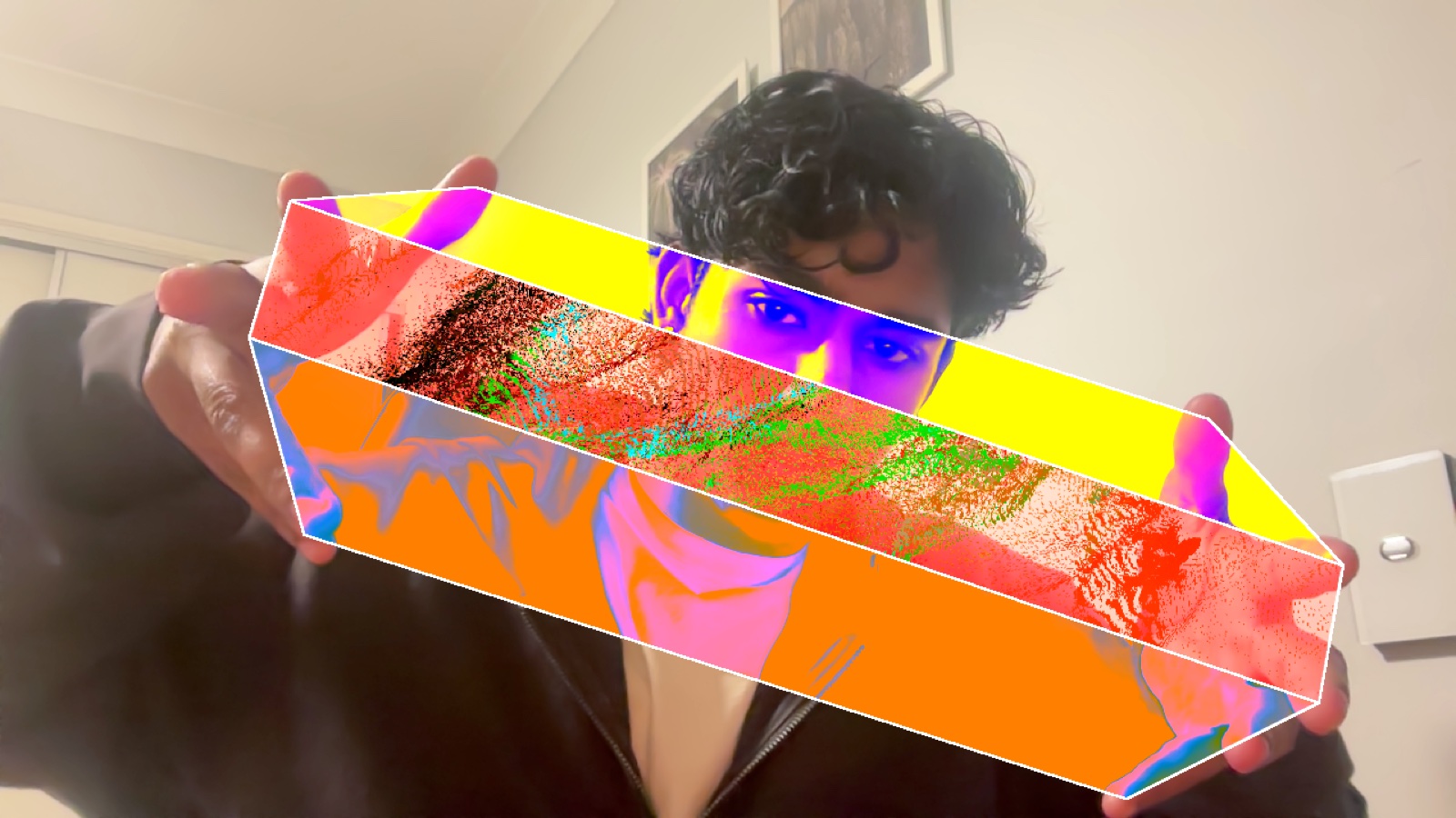 Live capture: three hand-framed regions, each showing a different filter applied to the camera feed